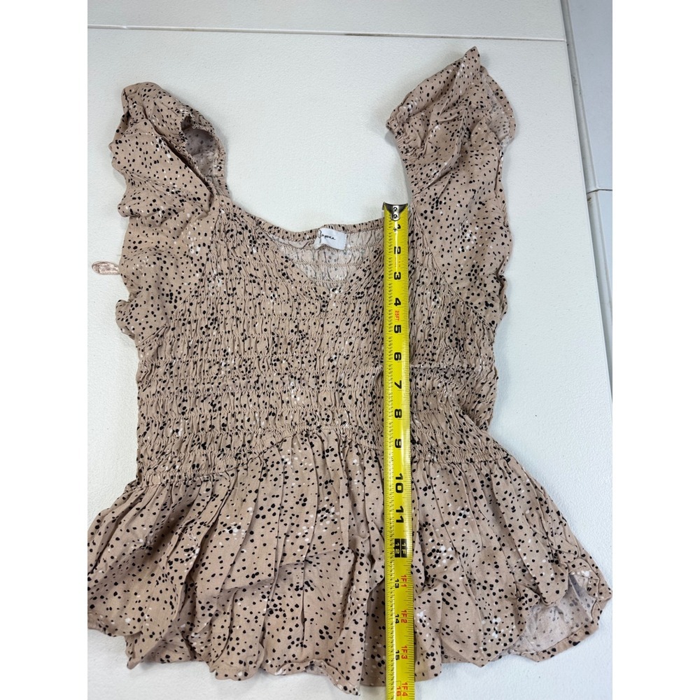 Japna Ruffled Sleeve Smocked Peplum Top, Beige and Black Polka Dot,‎ Square Neck - Picture 2 of 7